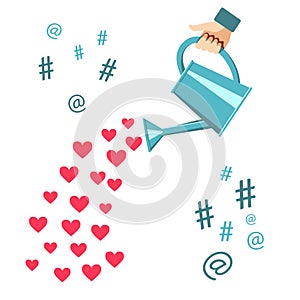 Human hand with a watering can water with hearts, like, hashtag, at . Concept for social media. Vector illustration on white