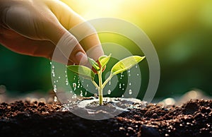 Human hand watering young green plant with water drops on fertile soil background