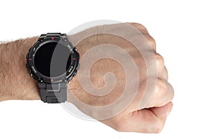 Human hand wearing smart watch. Wearable gadget concept