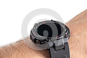 Human hand wearing smart watch. Wearable gadget concept