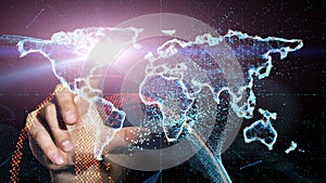 Human hand and world map to control future technology and big data transmission