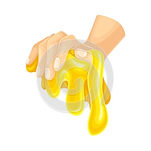 Human Hand with Yellow Slime as Viscous Colorful Toy Vector Illustration
