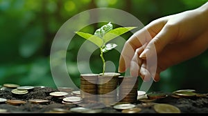 Human hand and young green sprout growing on coin stacks over green blurred background. Business finance strategy, money