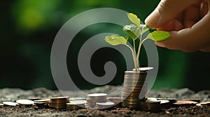 Human hand and young green sprouts growing on coin stacks over green blurred background. Business finance strategy
