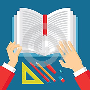 Human Hands and Book - Education Concept Illustration in flat style design