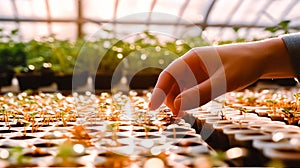 Human hands carefully plant sprouts of tomatoes in a greenhouse