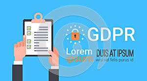 Human hands with checklist and text General Data Protection Regulation. Terms of service. Clipboard with GDPR copy space