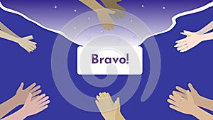 Human hands clapping ovation on dark blue background with text bravo in flat design.