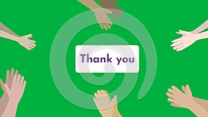 Human hands clapping ovation on green background with text thank you in flat design.