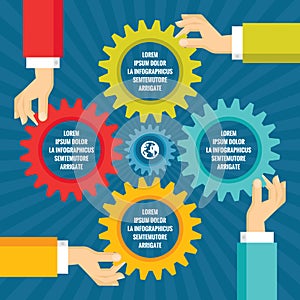 Human hands with colored gears - infographic business concept - vector concept illustration in flat style design.