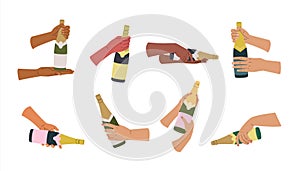 Human hands of different nationalities holding various champagne bottles. Set of hand serving champagne. Concept of