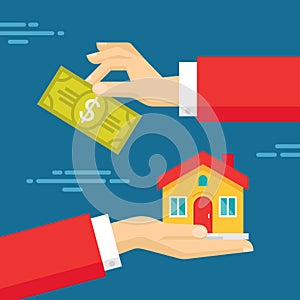 Human Hands with Dollar Money and House. Flat style concept design illustration