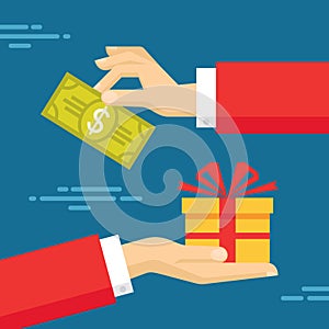 Human Hands with Dollar Money and Present Gift. Flat style concept design illustration