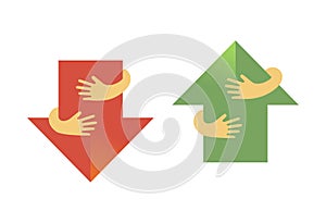 Human hands embracing or holding arrows vector flat illustration. Creative emblem with red down arrow and green up arrow