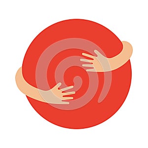 Human hands embracing or holding circle vector flat illustration. Creative emblem with a red big round figure and