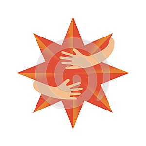 Human hands embracing or holding eight pointed star vector flat illustration. Creative emblem with a red big star and