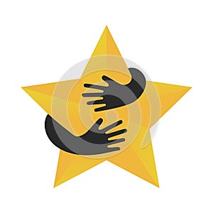 Human hands embracing or holding five pointed star vector flat illustratio. Creative emblem with yellow big star and