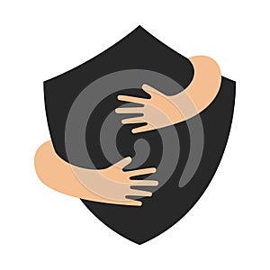 Human hands embracing or holding shield sign vector flat illustration. Creative emblem with black big security symbol