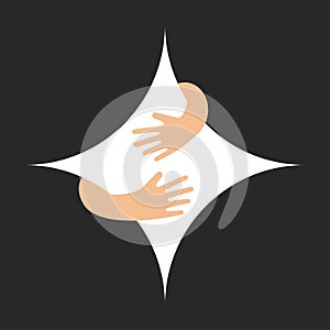 Human hands embracing or holding square with concave sides vector flat illustration. Creative emblem with white big