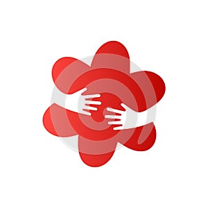 Human hands embracing red flower. Creative template logo for business or medicine. Icon isolated