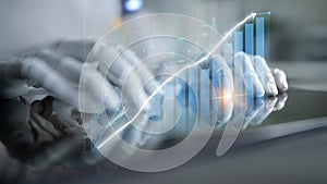 Human Hands and Futuristic Technology Interacting with Data Visualization, Graphs, and Analytics in a Modern Business