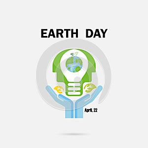 Human hands and globe icon with head light bulb vector logo design template.Earth Day campaign idea concept.Earth Day idea