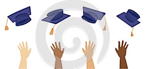 Human hands and graduation caps in the air. Graduating ceremony concept. Multiracial students.