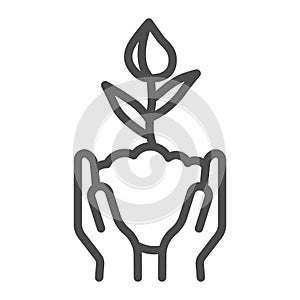 Human hands hold closed tulip bud in soil line icon, spring concept, Flower bud sign on white background, Flower grows