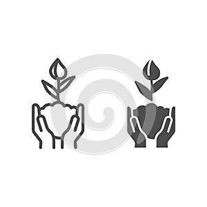 Human hands hold closed tulip bud in soil line and solid icon, spring concept, Flower bud sign on white background