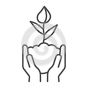 Human hands hold closed tulip bud in soil thin line icon, spring concept, Flower bud sign on white background, Flower