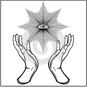 Human hands hold the divine all-seeing eye. Magic, alchemy, occult, spirituality. photo