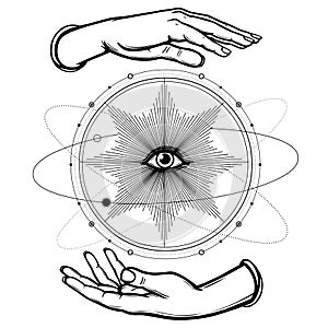 Human hands hold the divine all-seeing eye. Planet orbits, space, universe. photo