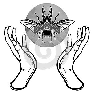 Human hands hold a fantastic bug. Symbols of the moon. Mysticism, esoteric, sorcery.
