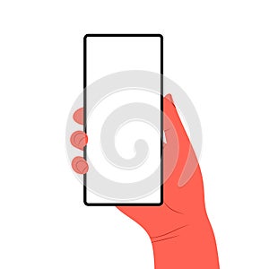 Human hands hold horizontally mobile phone with blank screen. Hand holding phones with empty screens mock up. Flat