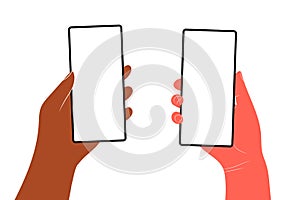 Human hands hold horizontally mobile phone with blank screen. Hand holding phones with empty screens mock up. Flat