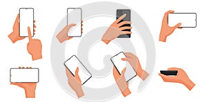 Human hands hold mobile phone with empty blank screen set, arms touch, tap, swipe device