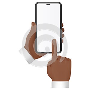 Human hands hold mobile phone, pointing finger at blank screen