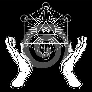 Human hands hold the shining triangle, a providence eye. Sacred geometry, mystical symbol.