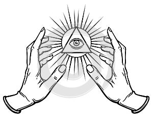 Human hands hold the shining triangle a symbol of eyes.