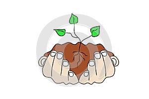 Human hands hold the soil with a green sprout. Plant care