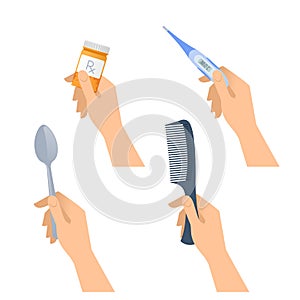 Human hands hold spoon, digital thermometer, pill container, hair comb.