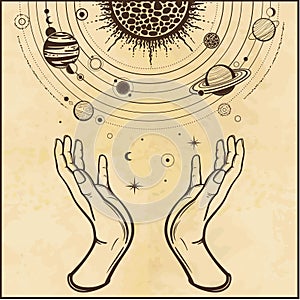 Human hands hold a stylized solar system, cosmic symbols, stars.