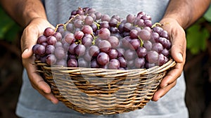 Human hands holding a basket of grapes