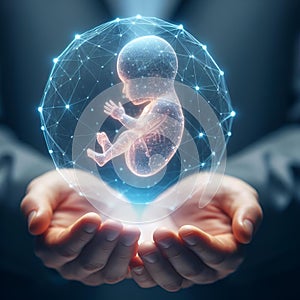 Human hands holding  a brightly glowing wireframe sphere in his hands with a little baby in it