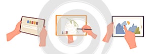 Human hands holding digital graphic tablet pc using application interface for creation artwork