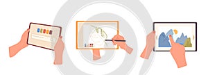 Human hands holding digital graphic tablet pc using application interface for creation artwork
