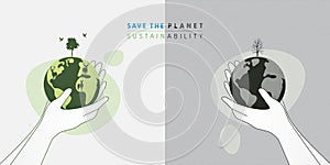 Human hands holding Earth globe, compared between green sustainability ecology and high pollution earth with death tree. Vector