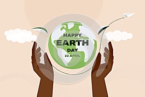 Human hands holding Earth globe. Earth Day, World Environment concept. Sustainable conservation concept design. Vector illustratio