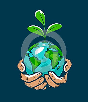 Human hands holding earth with plant sprout. Environment, ecology concept vector illustration