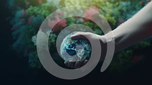 Human hands holding earth sphere crystal with sunlight, green nature background, concept of conservation environmental. AI